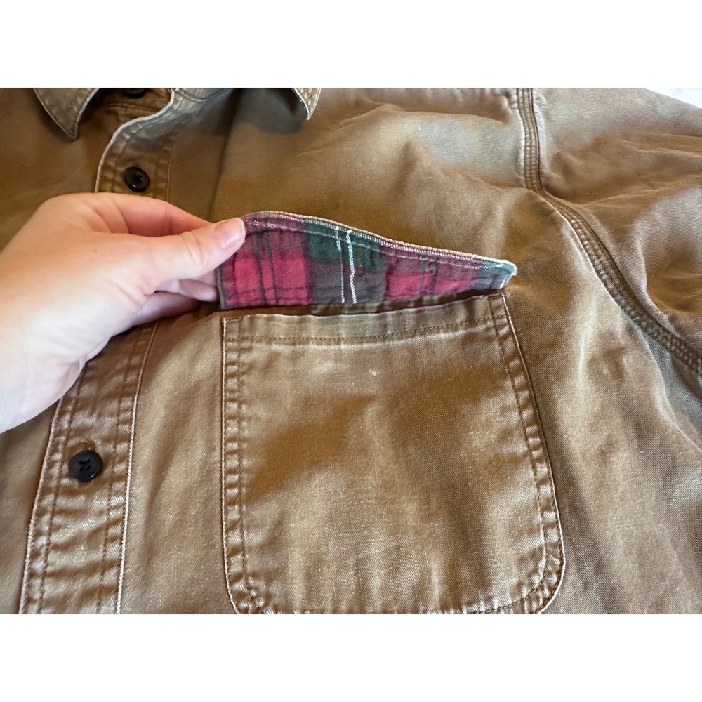 LL Bean Mens Flannel Lined Canvas Shirt Jacket Brown Plaid L-REG O‎ BDY9 - Picture 5 of 10